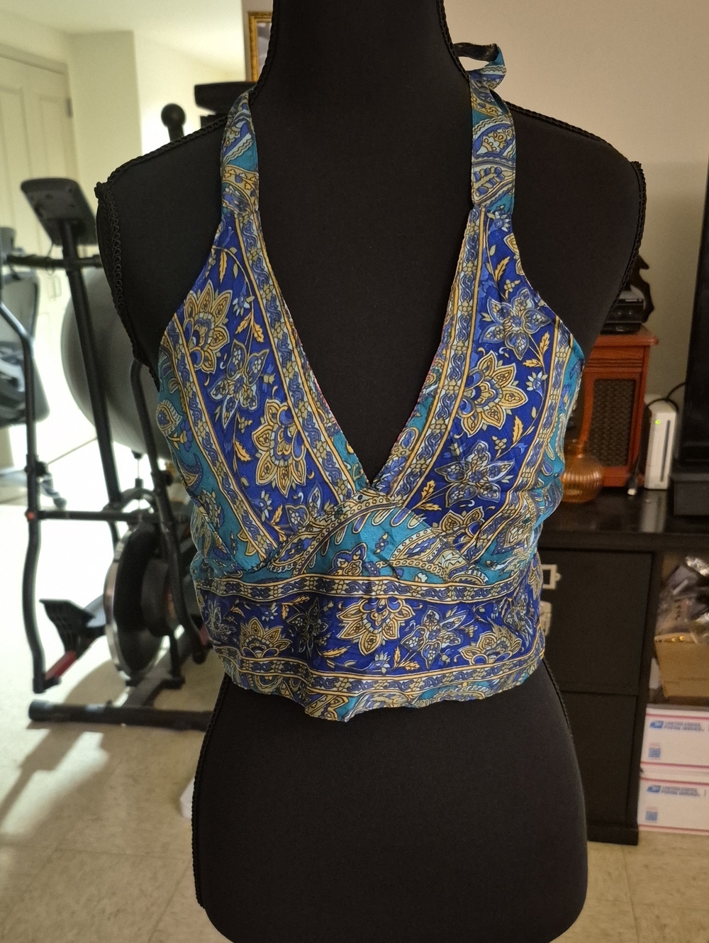 Reversible Blue Floral Halter Crop Top (Silk Blend)